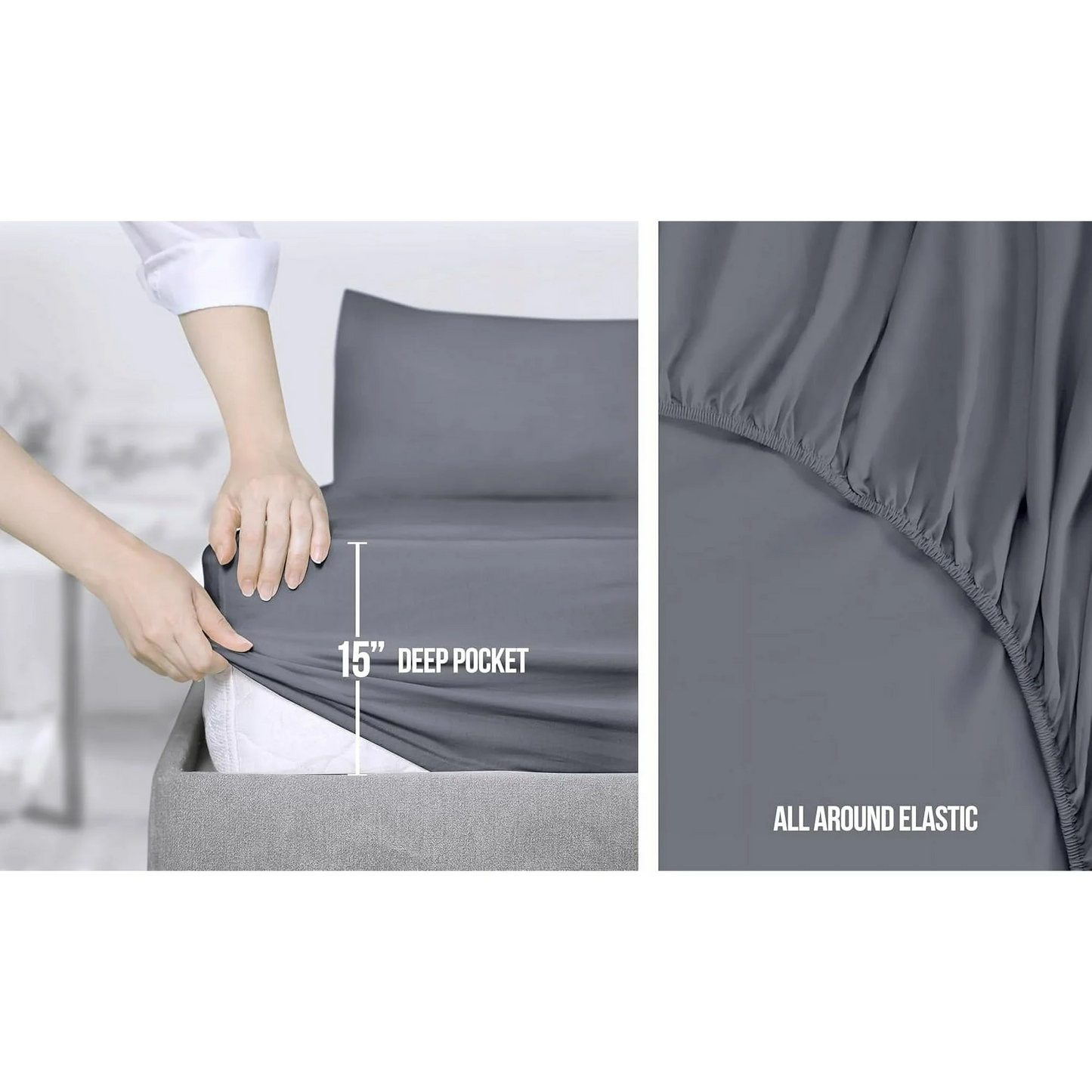 Hoey Full Size Sheet Set, Soft Microfiber 4 Piece Hotel Luxury Bed Sheets with Deep Pockets, Embroidered Pillow Case, Side Storage Pocket Fitted Sheet, Flat Sheet (Gray)