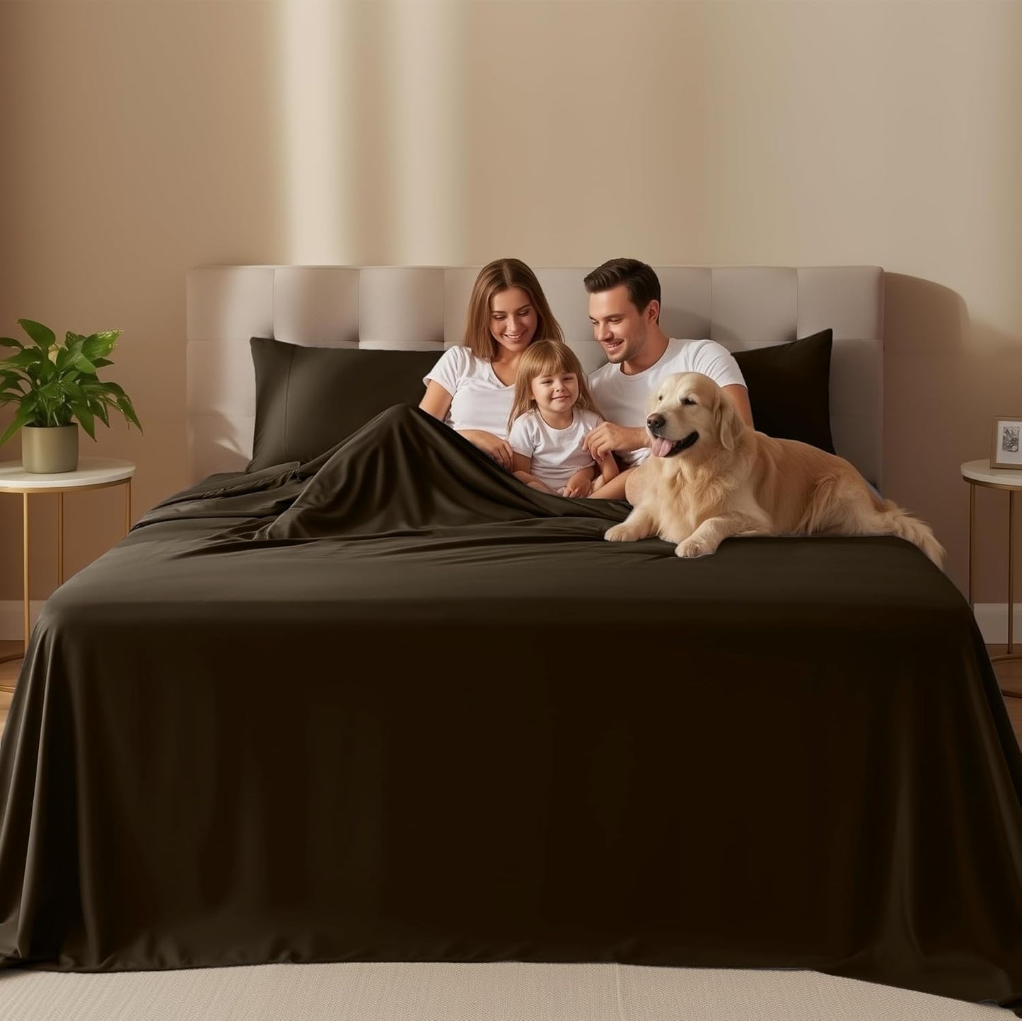 Naiade King Size Sheet Set,Soft Microfiber 4 Piece Hotel Luxury Bed Sheets with Deep Pockets, Embroidered Pillow Case,Side Storage Pocket Fitted Sheet, Flat Sheet (Brown)