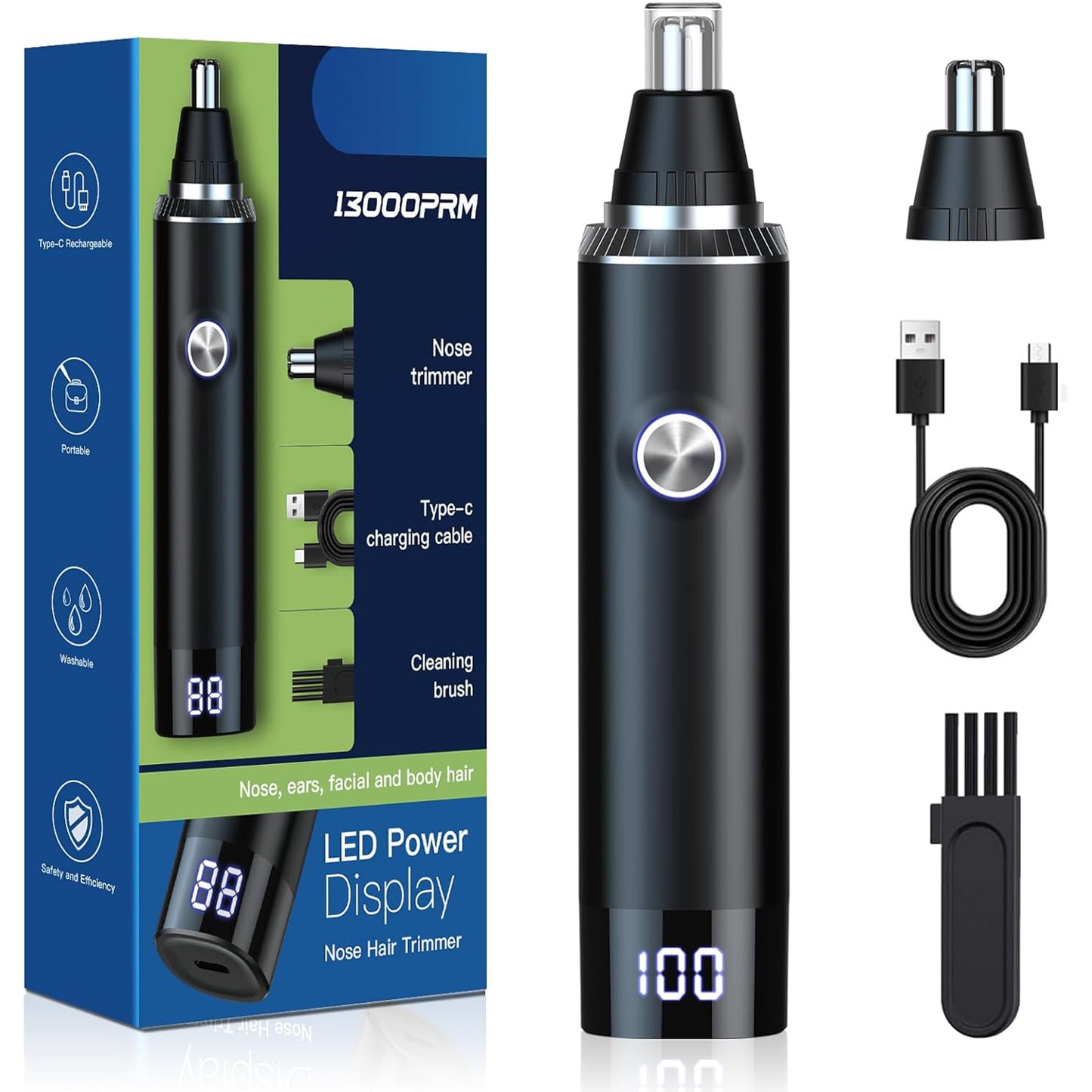 Rechargeable Nose and Ear Hair Trimmer for Men, Professional Painless USB Rechargeable Eyebrow & Facial Hair Trimmer with Powerful Motor and Dual-Edge Blades, IPX7 Waterproof