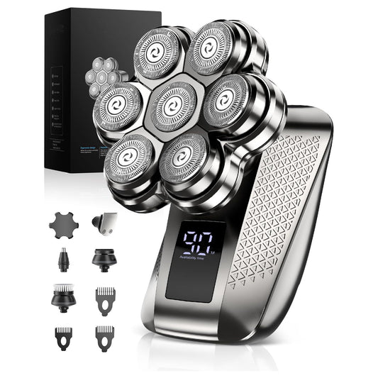 Obacre 7D Head Shavers for Bald Men, Waterproof Wet or Dry Electric Razor for Men/Women, 5-in-1 Detachable Head Shaver, Grooming Kit, LED Display/Type-C Charge, Travel-Friendly, Portable-Steel Gray