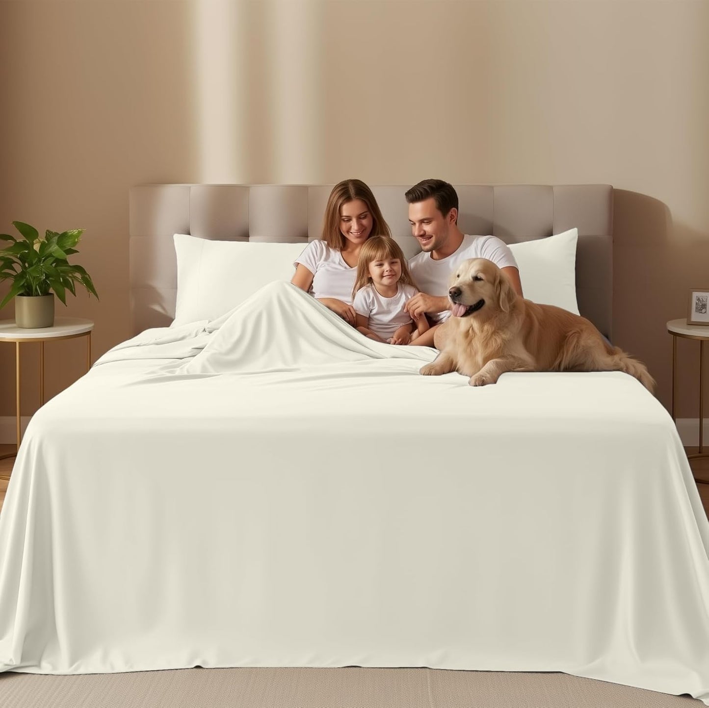 Naiade King Size Sheet Set,Soft Microfiber 4 Piece Hotel Luxury Bed Sheets with Deep Pockets, Embroidered Pillow Case,Side Storage Pocket Fitted Sheet, Flat Sheet (Ivory)