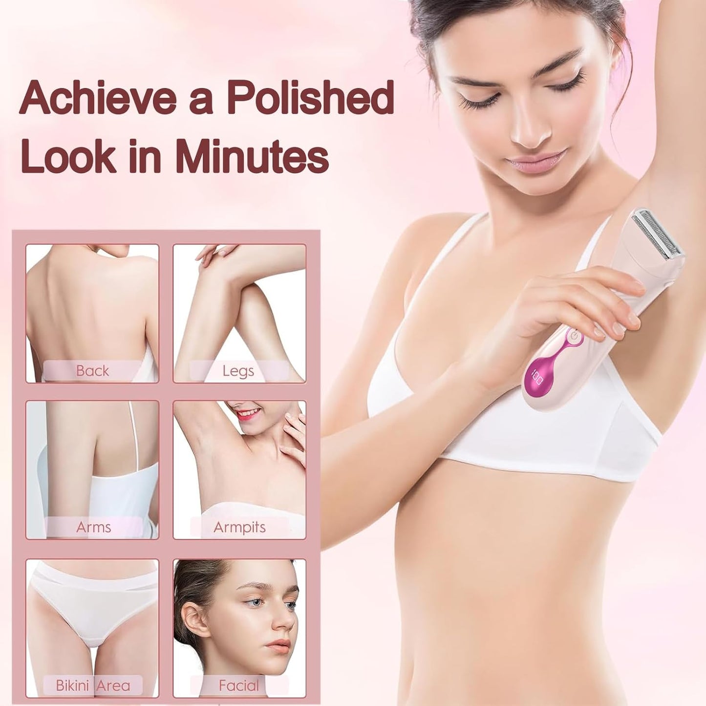 Hoeylife Electric Shaver for Women, Electric Razor for Women, Cordless Bikini Trimmer with LED Display, Wet & Dry Body Hair Trimmer for Bikini Underarm Leg Arm,White