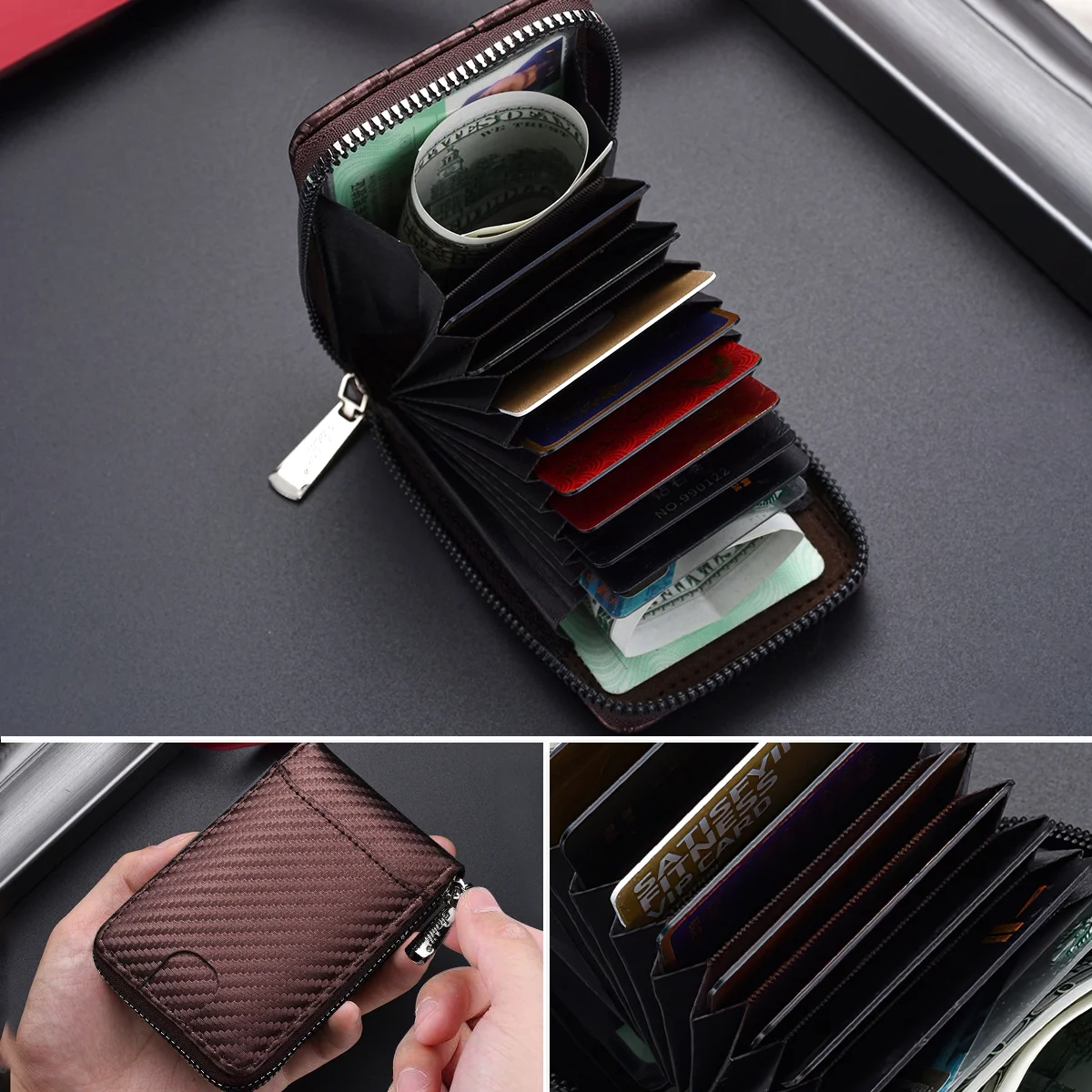 Zipper Wallet for Men, RFID Blocking around Bifold Wallet, Leather Zippered coin pocket, Huge Storage Capacity Card Holder Organizer