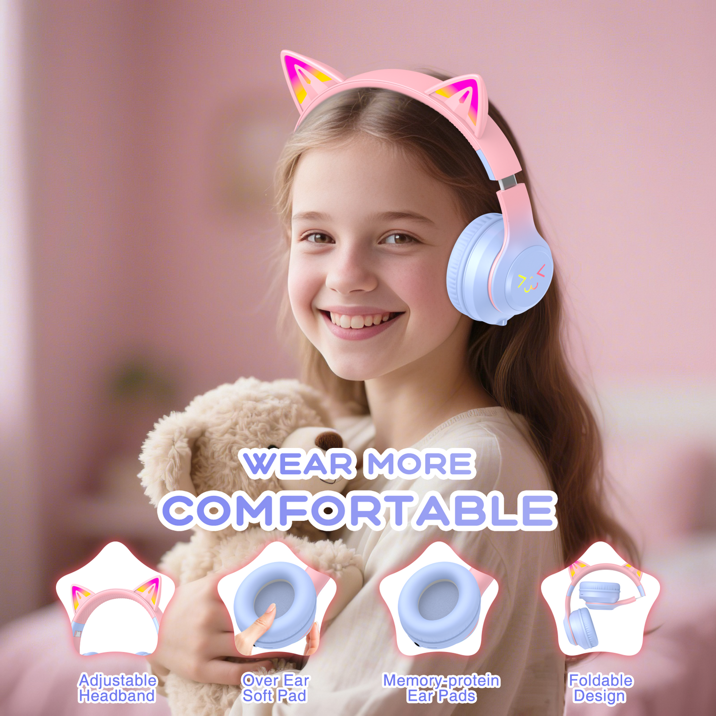 Kids Bluetooth Headphones, Lightweight Wireless Headphones for Kids, 85/94dB Volume Limited, 60 Hours Playtime, Bluetooth 5.3, Over-Ear Toddler Headsets with Built-in Mic