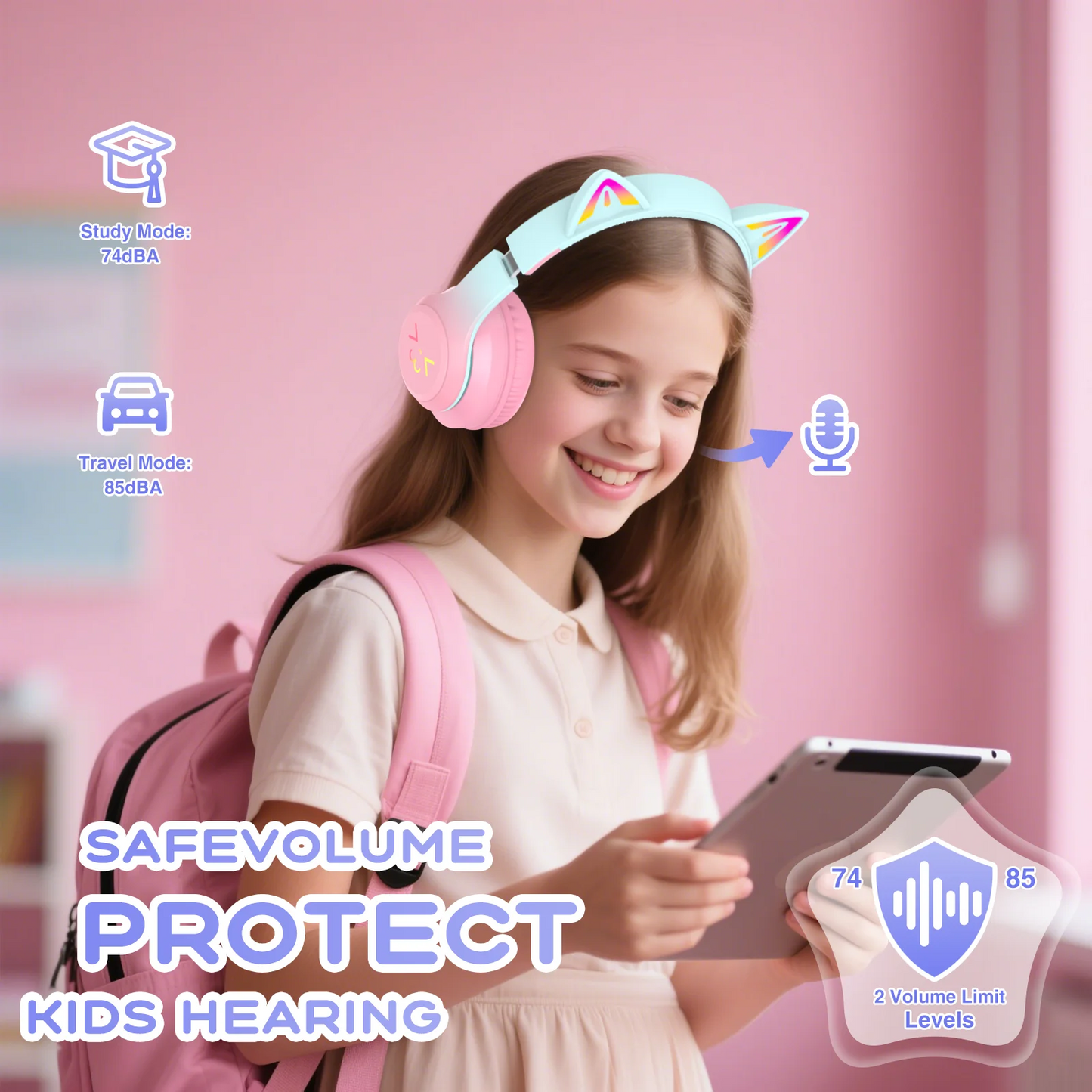 Kids Bluetooth Headphones, Lightweight Wireless Headphones for Kids, 85/94dB Volume Limited, 60 Hours Playtime, Bluetooth 5.3, Over-Ear Toddler Headsets with Built-in Mic-
