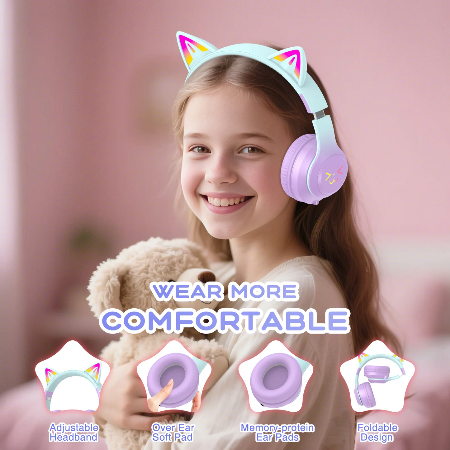 Kids Bluetooth Headphones, Lightweight Wireless Headphones for Kids, 85/94dB Volume Limited, 60 Hours Playtime, Bluetooth 5.3, Over-Ear Toddler Headsets with Built-in Mic-