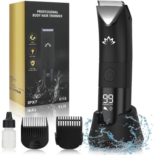 Electric Manscape Trimmer for Men, Waterproof Ball Trimmer for Pubic/Body/Groin Grooming with Ceramic Blade, LED Light, Charging Base