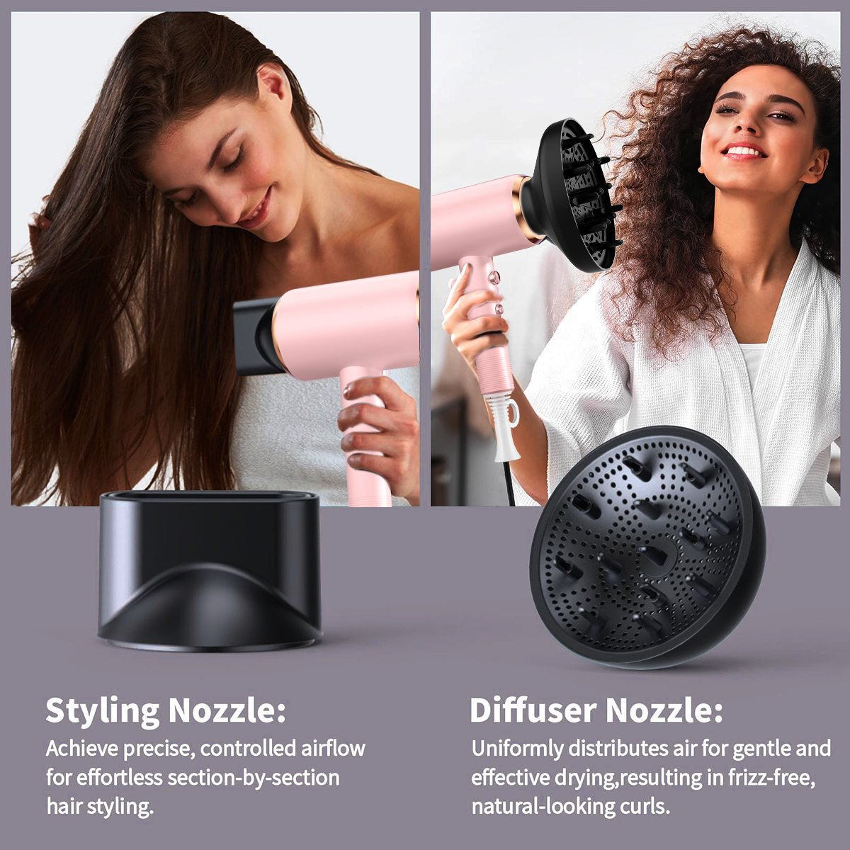 Professional Ionic Hair Dryer, Powerful 1800W Fast Drying Low Noise Blow Dryer with 2 Concentrator Nozzle 1 Diffuser Attachments for Home Salon Travel