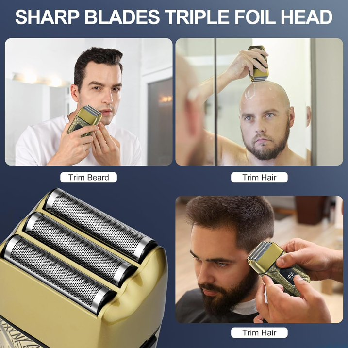 Electric Foil Shaver for Men: Portable Electric Razor for Beard/Face - 3 Floating Blade LED Display USB-C Fast Rechargeable - IPX7 Waterproof for Travel & Home