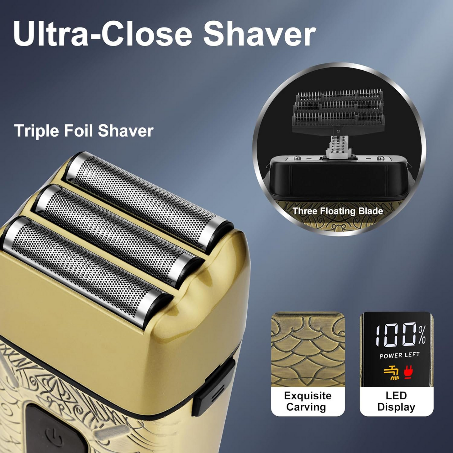 Electric Foil Shaver for Men: Portable Electric Razor for Beard/Face - 3 Floating Blade LED Display USB-C Fast Rechargeable - IPX7 Waterproof for Travel & Home