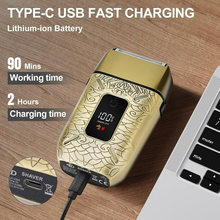 Electric Foil Shaver for Men: Portable Electric Razor for Beard/Face - 3 Floating Blade LED Display USB-C Fast Rechargeable - IPX7 Waterproof for Travel & Home