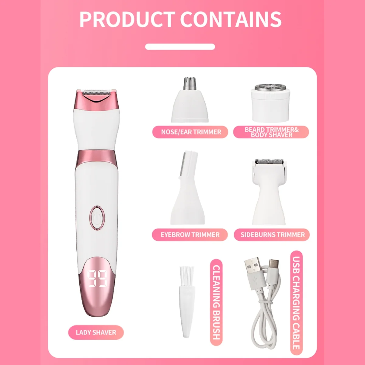 Electric Bikini Trimmer for Women,Led Power Display Removal for Body Nose Hair Trimmer Face Shavers Eyebrow Legs Armpit Bikini Area Pubic Underarms Rechargeable Portable 4 in 1 Womens Razors Set