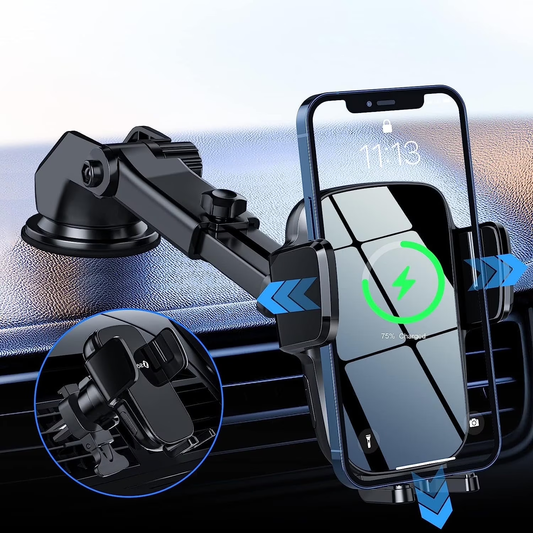 Wireless Car Charger, Fast Charging Phone Holder 3 in 1 Phone Mount Auto Clamping Car Accessories Compatible with iPhone 17 16 15 14 13 12 11 Xs XR, Samsung S23 Ultra S22 S21 S20(Deep Space Black)
