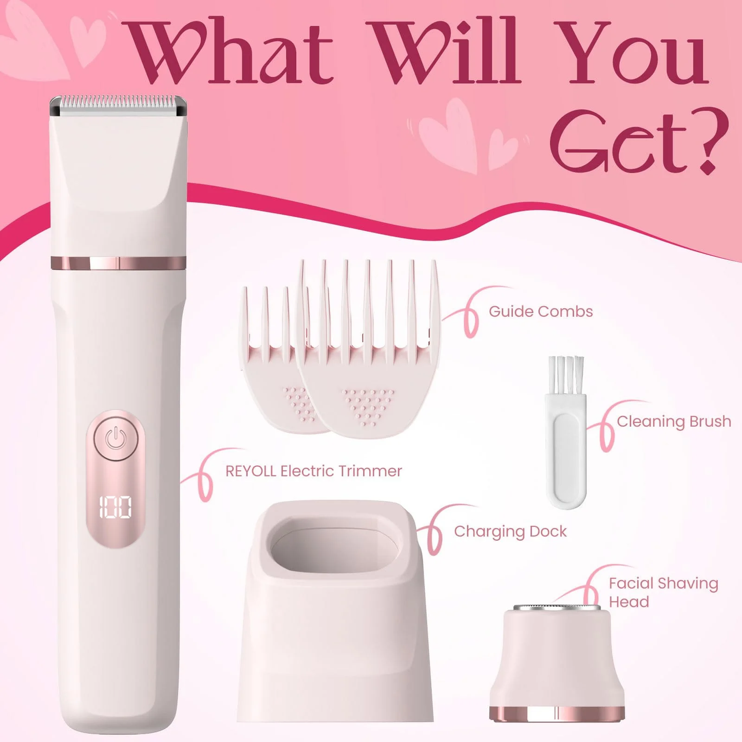 Hoey Bikini Trimmer for Women-Painless Electric Razor for Silk Skin,Cordless Wet/Dry Body Shaver for Trip,Replaceable Lady Facial Groomer,IPX7 Waterproof & Easy Cleaning,Ceramic Blade,USB Charge Dock