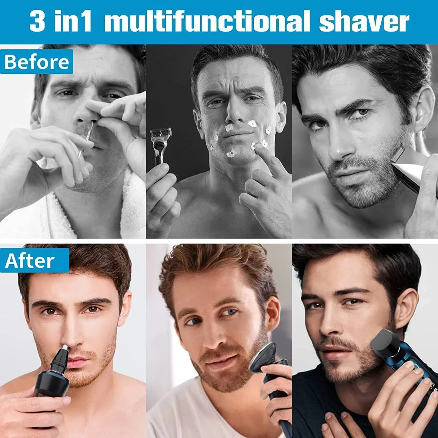 Electric Shaver Razor for Men, 3 in 1 Men's Cordless LED Display IPX7 Waterproof Nose Hair Beard Trimmer Grooming Kit with Wet Dry Rechargeable Use