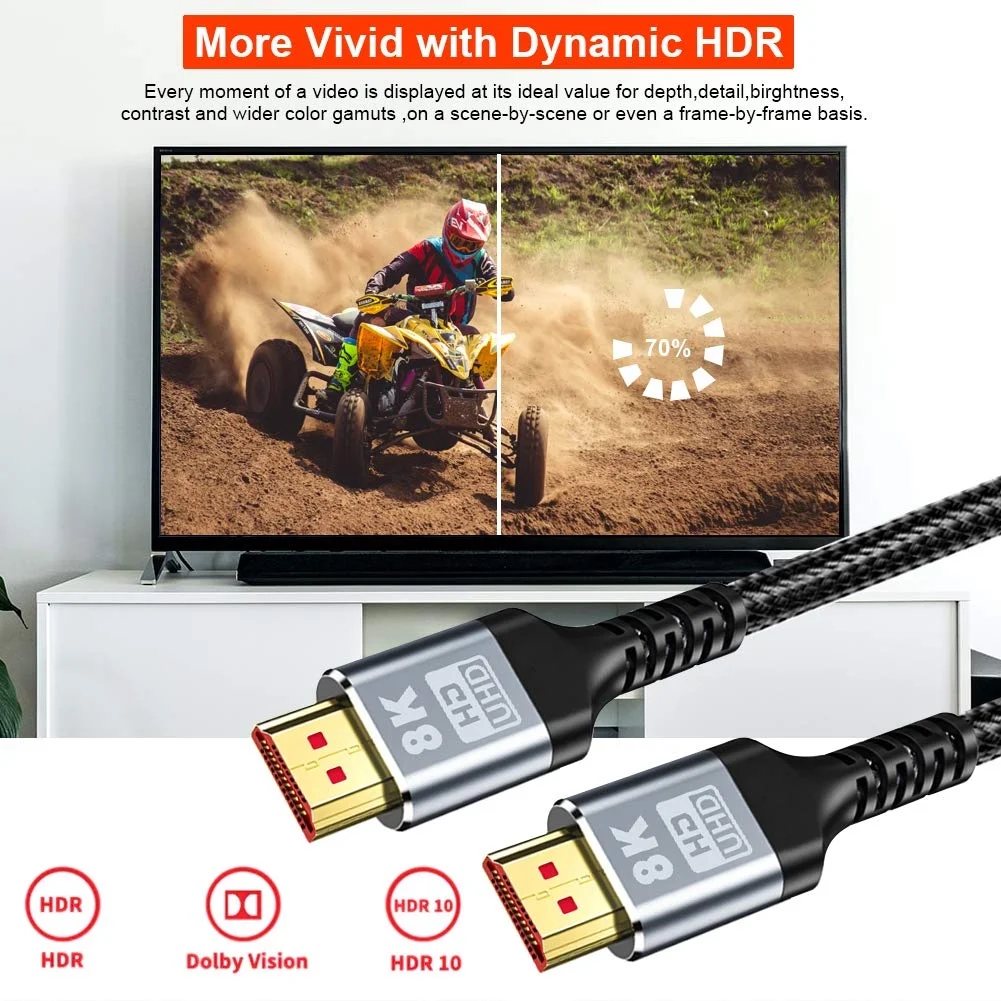 8K HDMI Cable 2.1, 6FT/2M Slim 48Gbps High Speed HDMI Braided Cord-4K@120Hz 144Hz 8K@60Hz, HDCP 2.2&2.3, Dynamic HDR,eARC,DTS:X,RTX 3090, Compatible with Projector , Laptop , Television , Monitor