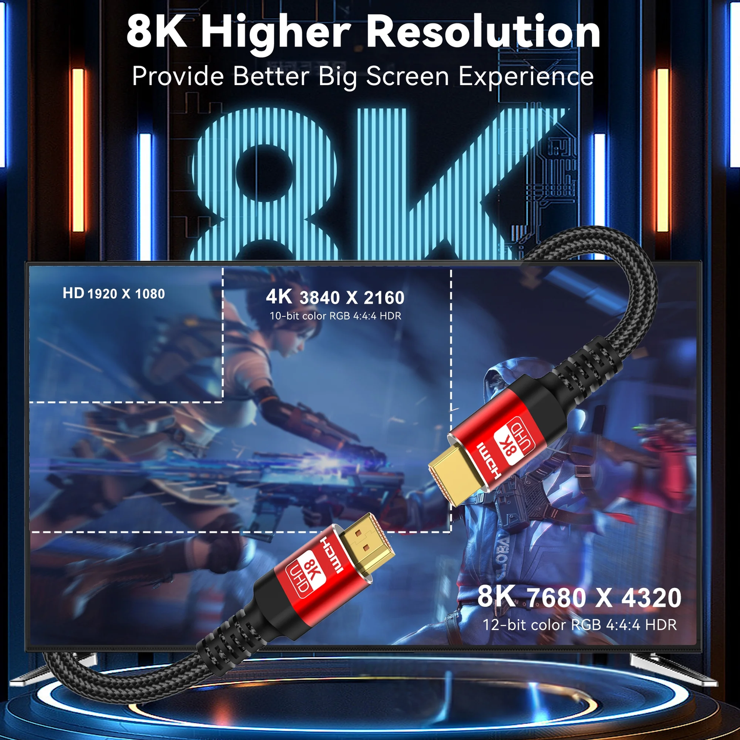8K HDMI Cable 2.1, 6FT/2M Slim 48Gbps High Speed HDMI Braided Cord-4K@120Hz 144Hz 8K@60Hz, HDCP 2.2&2.3, Dynamic HDR,eARC,DTS:X,RTX 3090,Compatible with Projector , Laptop , Television , Monitor