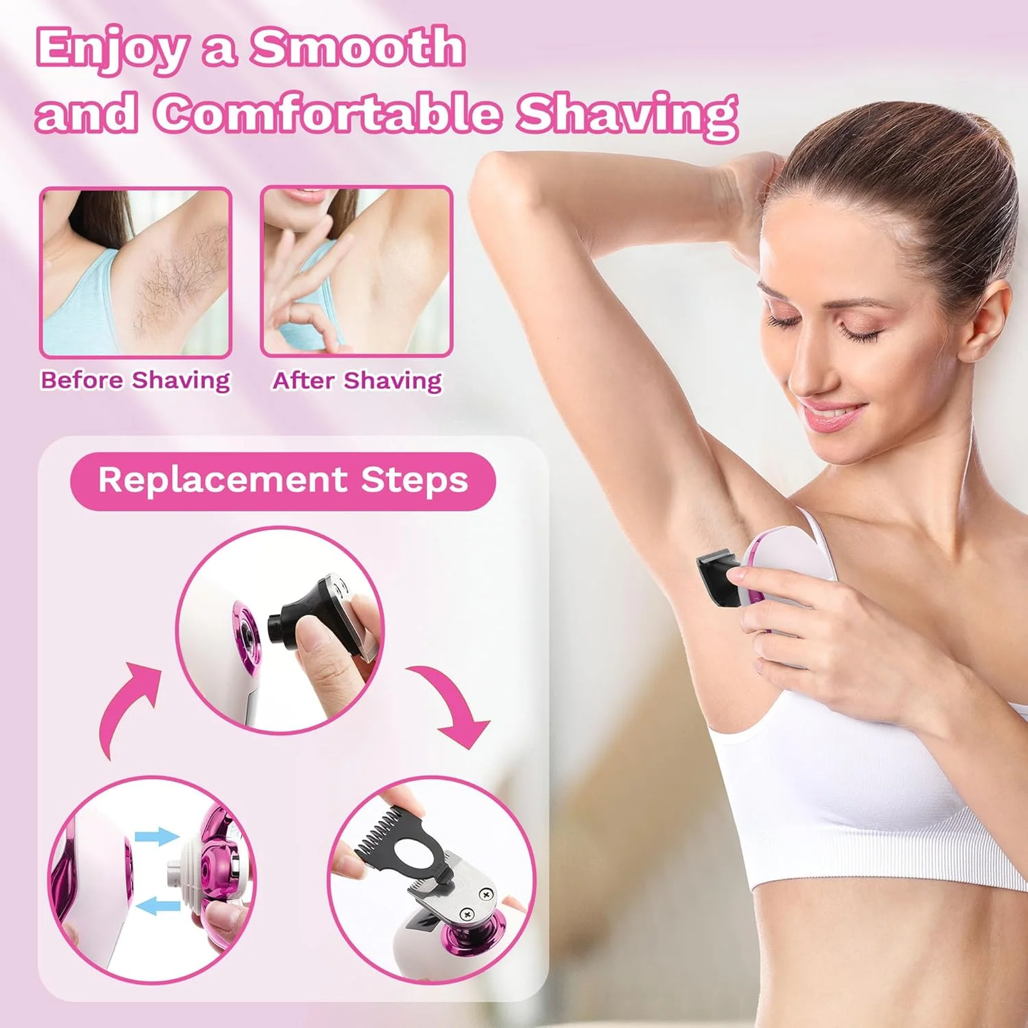 Hoey 5 in 1 Painless Hair Remover for Women, Facial Hair Removal, Electric Cordless Shaver Set, Wet & Dry Lady Razor for Women for Bikini Line, Nose Hair, Eyebrow, Arm, Leg USB Rechargeable