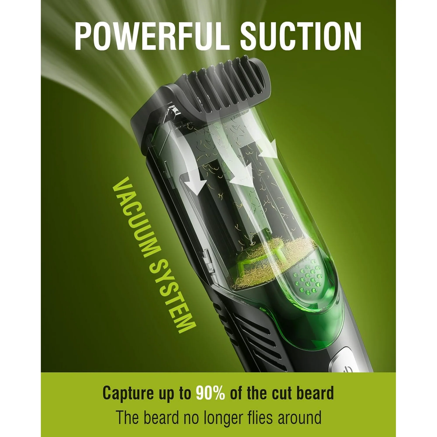 Beard Trimmer for Men, Vacuum Mustache Trimmer for Less Mess, IPX7 Waterproof, Rechargeable Electric Beard Cutting Kit with Adjustable Length Comb-Built-in Vacuum for Sideburns/Stubble