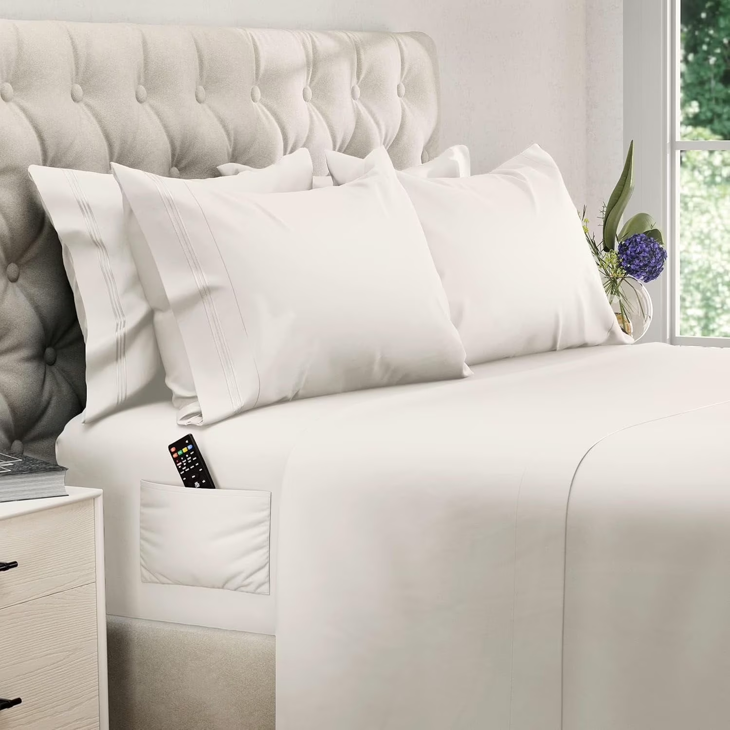 King Size Sheet Set, Soft Microfiber 4 Piece Hotel Luxury Bed Sheets with Deep Pockets, Embroidered Pillow Cases, Side Storage Pocket Fitted Sheet, Flat Sheet (White)