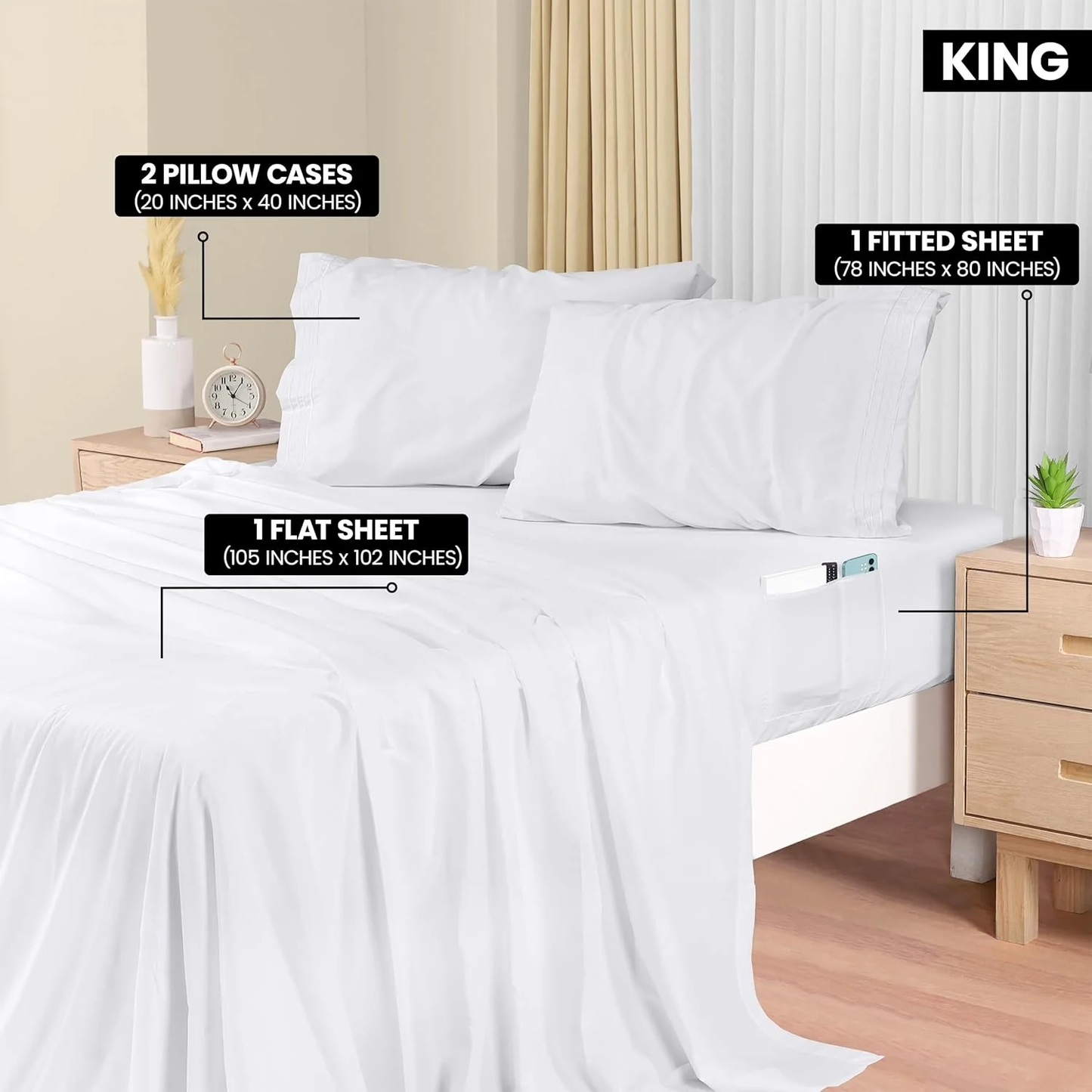 Twin Size Sheet Set, Soft Microfiber 3 Piece Hotel Luxury Bed Sheets with Deep Pockets, Embroidered Pillow Case, Side Storage Pocket Fitted Sheet, Flat Sheet (White)