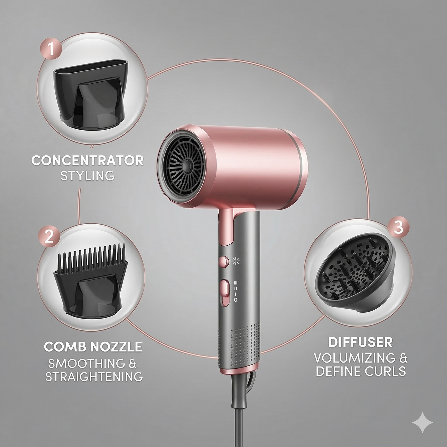 Professional Ionic Hair Dryer, Powerful 1800W & 3 Heat Settings Fast Drying Low Noise Blow Dryer with 2 Concentrator Nozzle 1 Diffuser Attachments for Home Salon Travel, ALCI Safety Plug