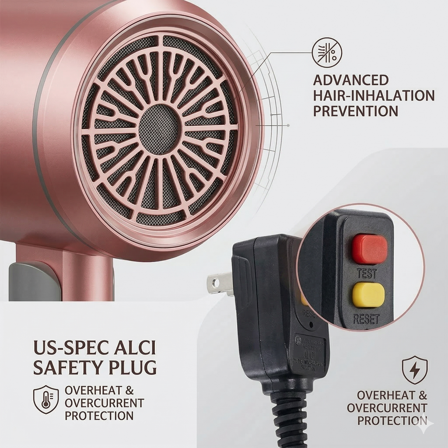 Professional Ionic Hair Dryer, Powerful 1800W & 3 Heat Settings Fast Drying Low Noise Blow Dryer with 2 Concentrator Nozzle 1 Diffuser Attachments for Home Salon Travel, ALCI Safety Plug