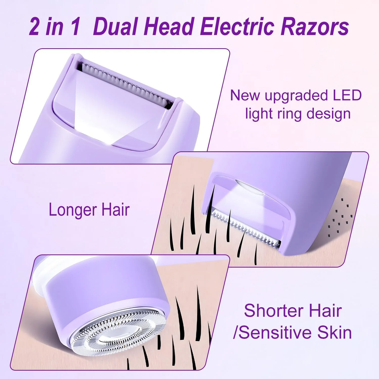 Hoeylife Electric Razor for Women, 2 in 1 Electric Shaver, Dual Head Bikini Trimmer IPX7 Waterproof Wet and Dry Use Body Hair Shaver and Lady Shaver for Bikini Leg Arm Body Underarm Face