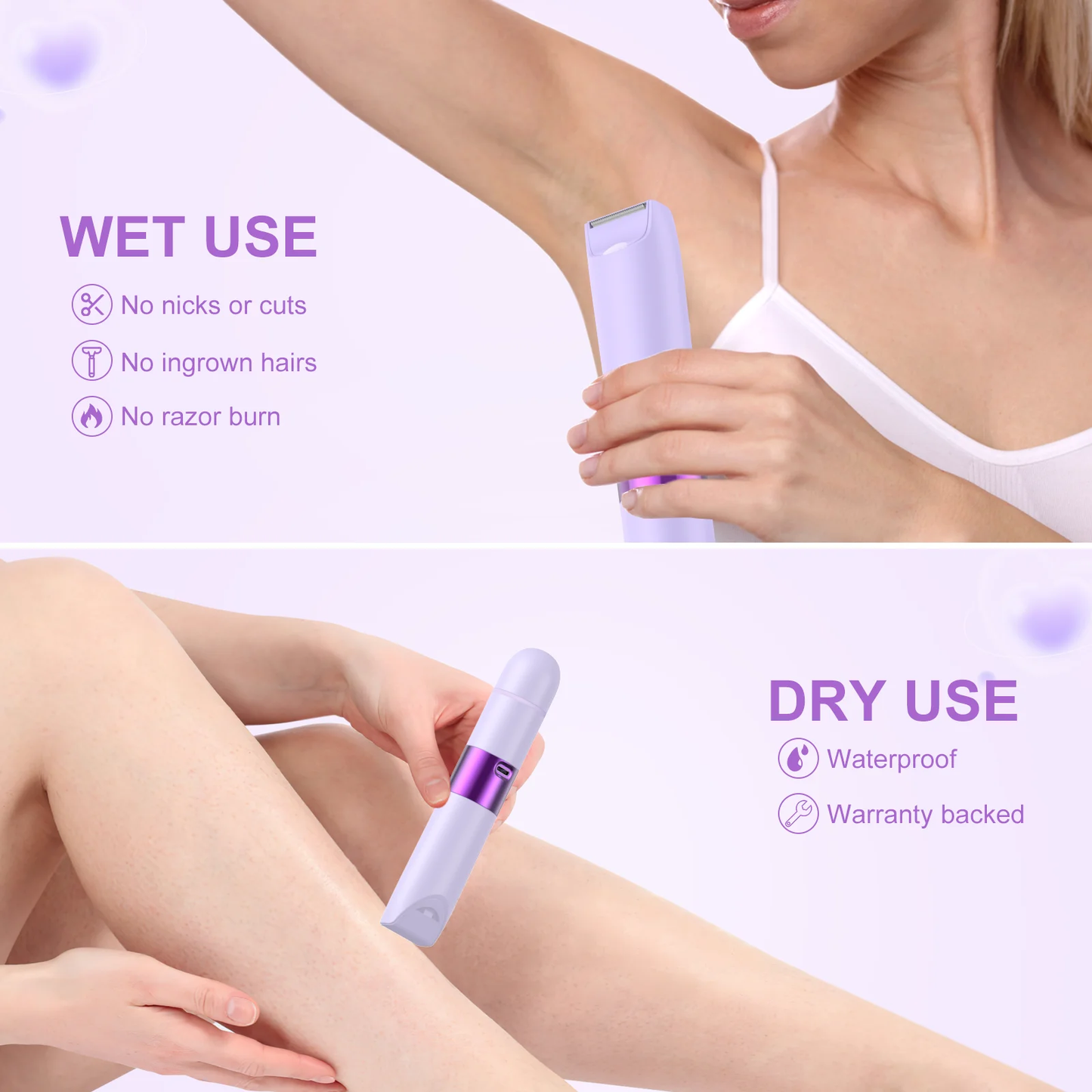 Hoeylife Electric Razor for Women, 2 in 1 Electric Shaver, Dual Head Bikini Trimmer IPX7 Waterproof Wet and Dry Use Body Hair Shaver and Lady Shaver for Bikini Leg Arm Body Underarm Face