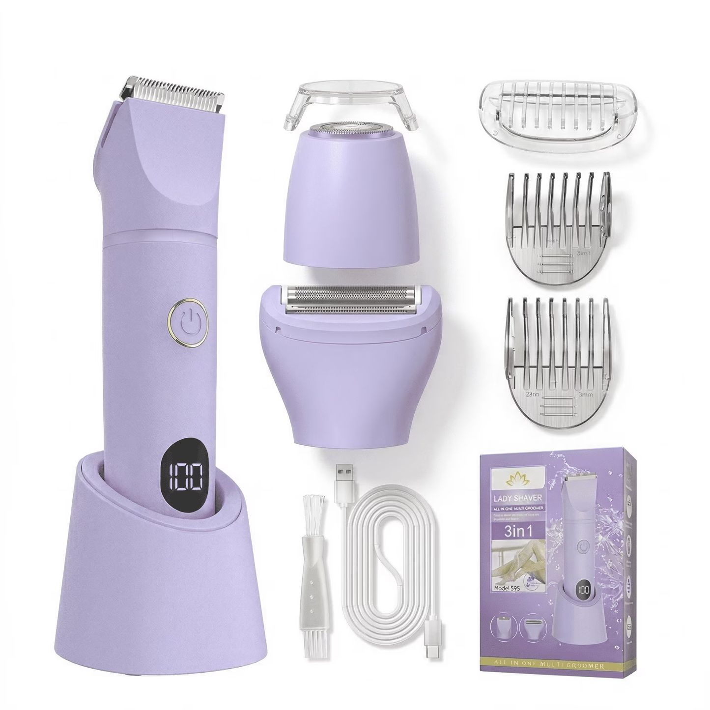 Women's Electric Bikini Trimmer, 3-in-1 Rechargeable Waterproof Shaver for Face, Underarm, Legs, and Bikini Area, Wet &amp; Dry Use