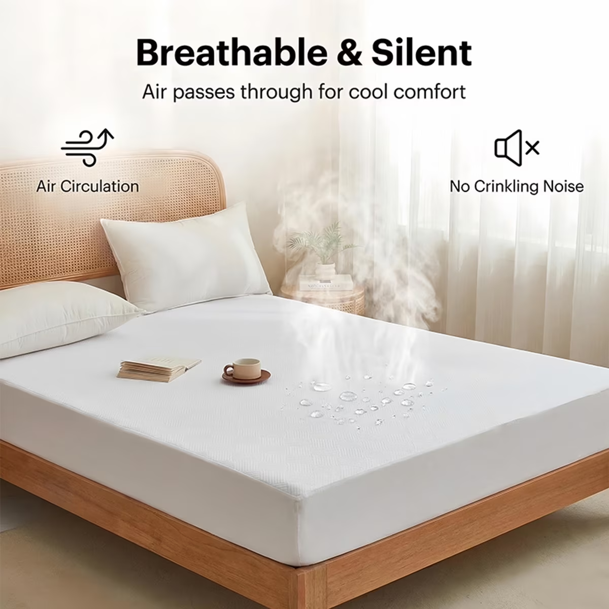 King Size Waterproof Mattress Protector, Air Fabric Mattress Pad with Deep Pocket 6"-18" Depth, Soft Noiseless Bed Mattress Cover Washable for Home, Bedroom, Hotel (White)