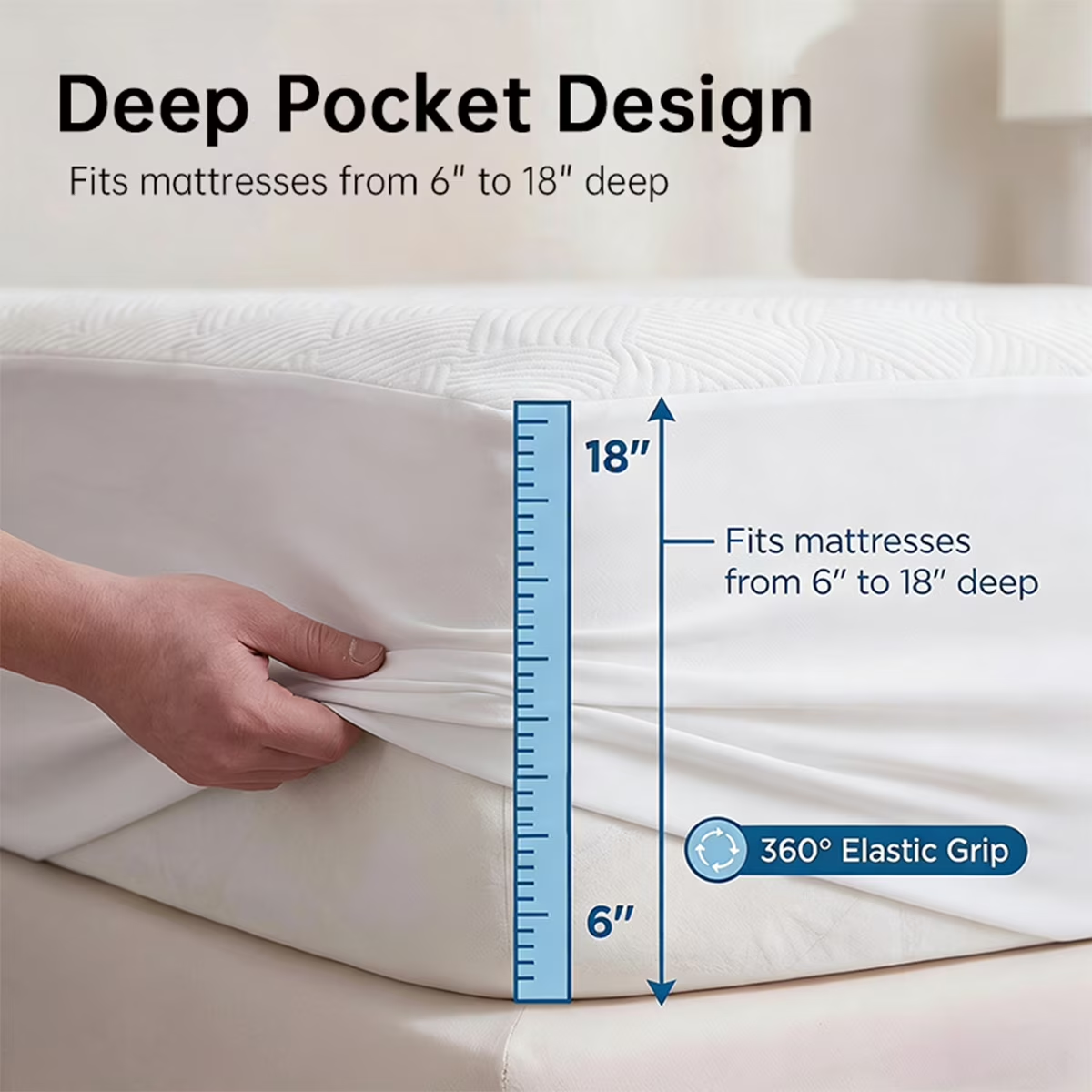 Queen Size Waterproof Mattress Protector, Air Fabric Mattress Pad with Deep Pocket 6"-18" Depth, Soft Noiseless Bed Mattress Cover Washable for Home, Bedroom, Hotel (White)