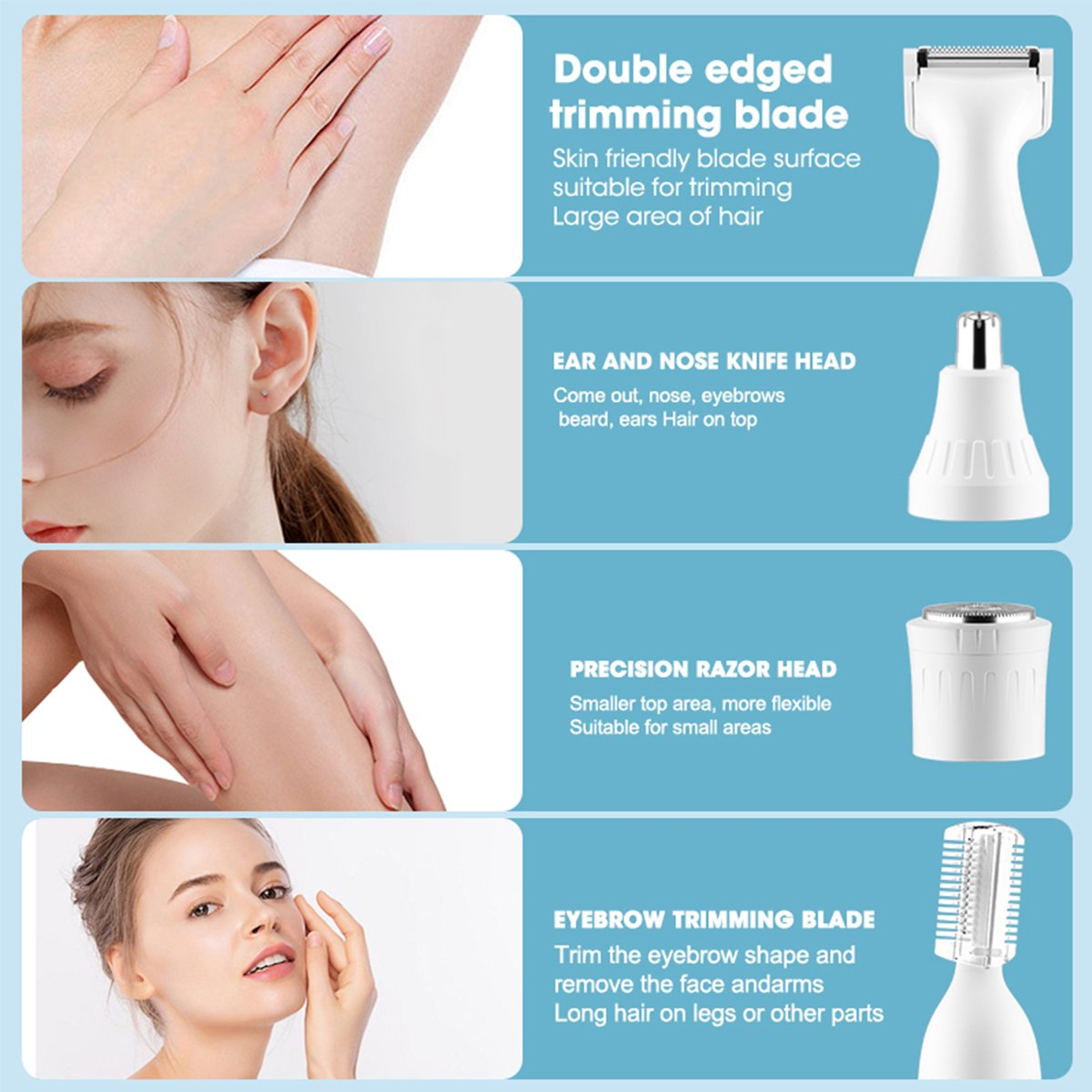 Obacre Electric Razors for Women,4 in 1 Electric Shaver for Women,Lady Electric Bikini Shaver, Wet/Dry Bikini Trimmer for Face Nose Arms Legs