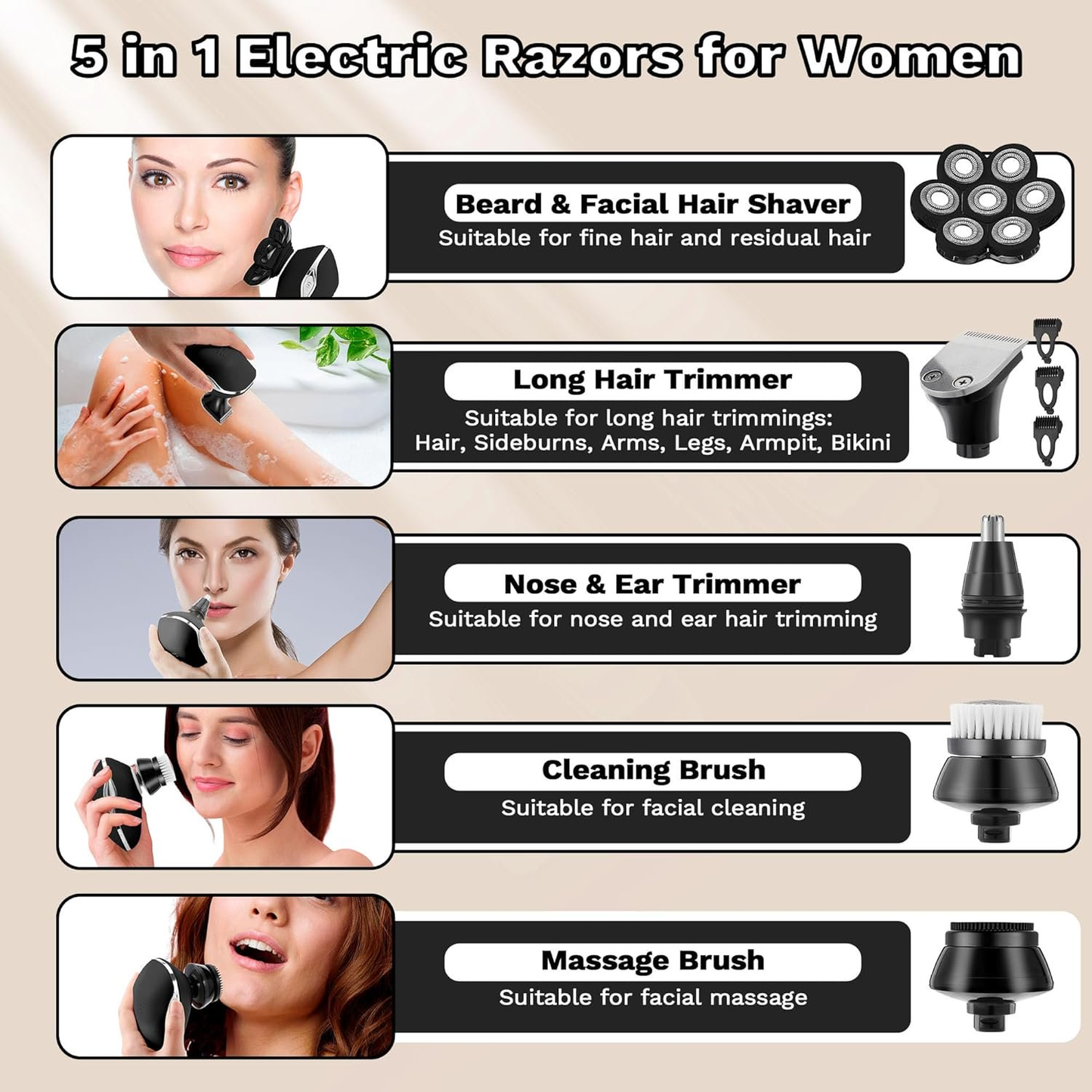 Obacre Electric Razors for Women,7D Gifts for Women,5 in 1 Cordless Electric Shaver with Detachable Head Wet & Dry Facial Hair Remover for Legs Painless Water Resistant