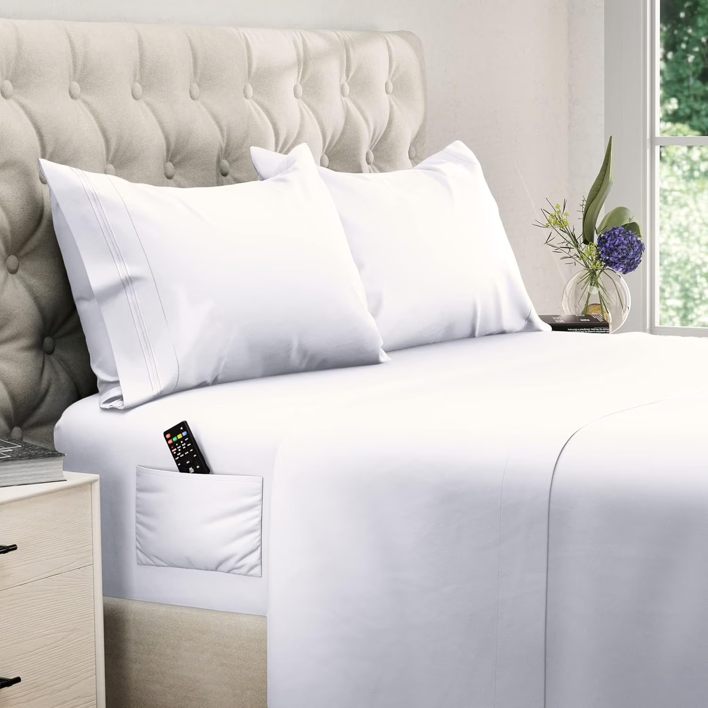 Queen Size Sheet Set,Soft Microfiber 4 Piece Hotel Luxury Bed Sheets with Deep Pockets, Embroidered Pillow Case,Side Storage Pocket Fitted Sheet, Flat Sheet (White)