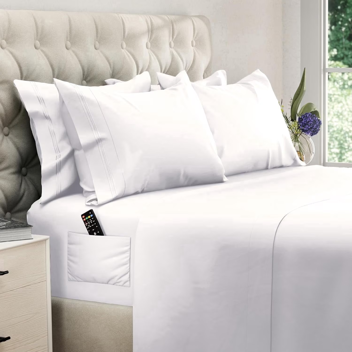 King Size Sheet Set, Soft Microfiber 4 Piece Hotel Luxury Bed Sheets with Deep Pockets, Embroidered Pillow Cases, Side Storage Pocket Fitted Sheet, Flat Sheet (White)