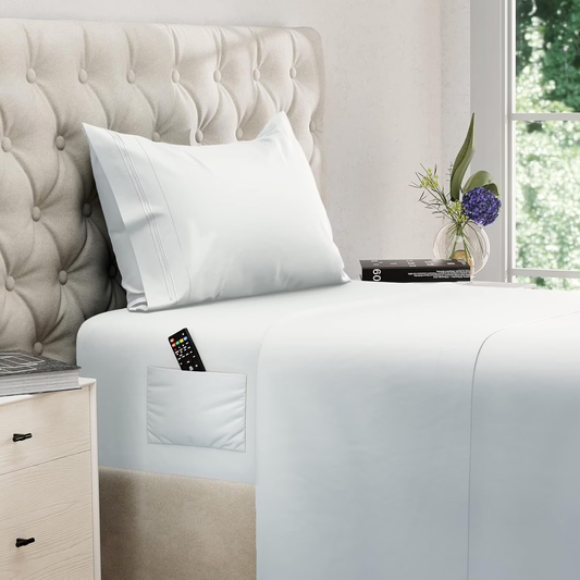 Twin Size Sheet Set, Soft Microfiber 3 Piece Hotel Luxury Bed Sheets with Deep Pockets, Embroidered Pillow Case, Side Storage Pocket Fitted Sheet, Flat Sheet(White)