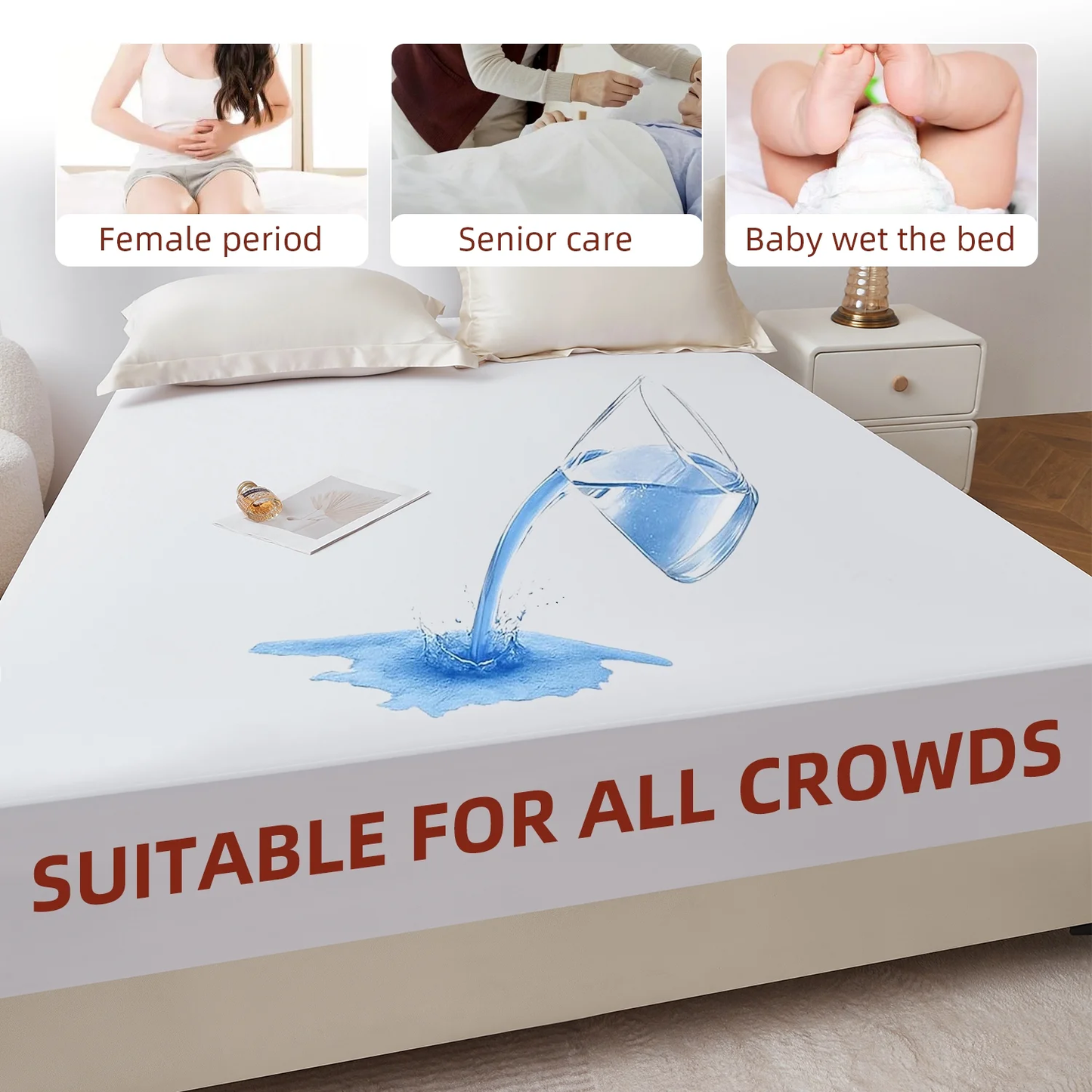 King Size Waterproof Mattress Protector, Air Fabric Mattress Pad with Deep Pocket 6"-18" Depth, Soft Noiseless Bed Mattress Cover Washable for Home, Bedroom, Hotel (White)