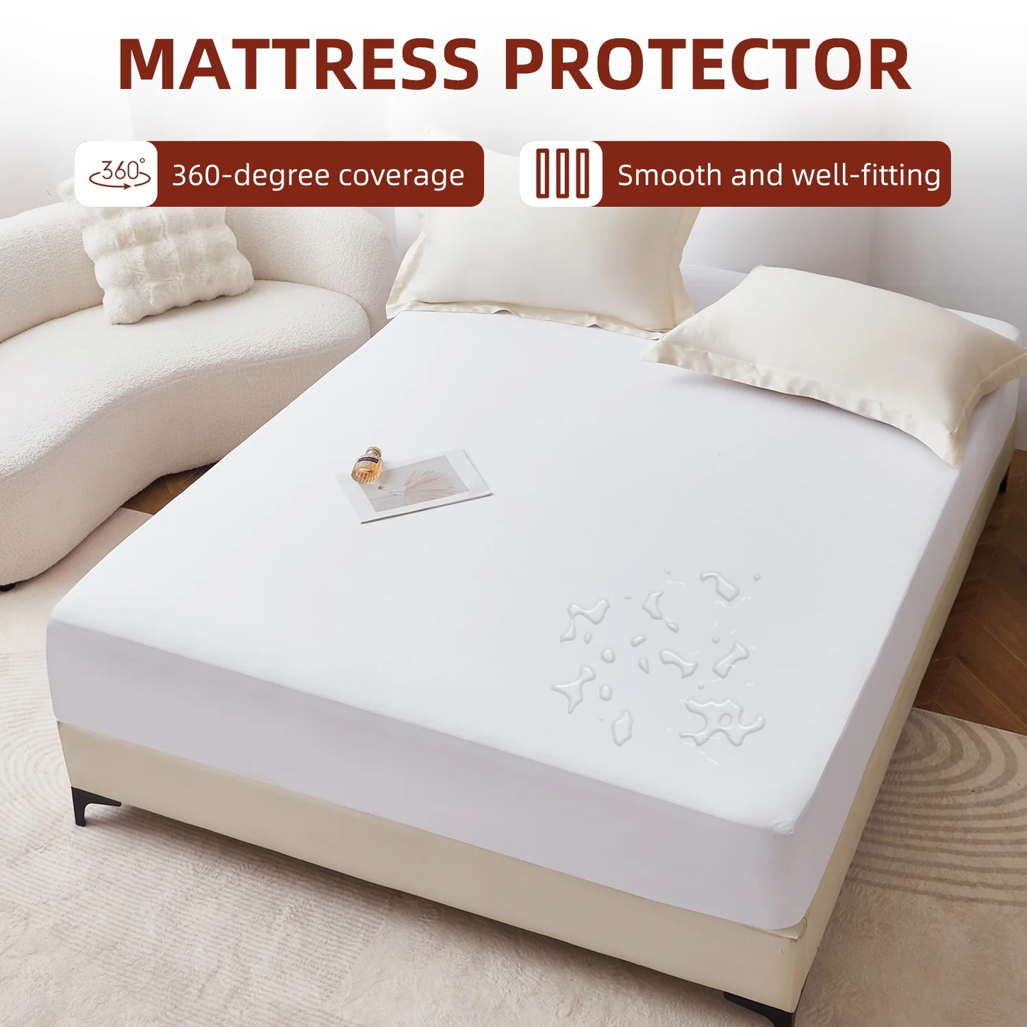 King Size Waterproof Mattress Protector, Air Fabric Mattress Pad with Deep Pocket 6"-18" Depth, Soft Noiseless Bed Mattress Cover Washable for Home, Bedroom, Hotel (White)