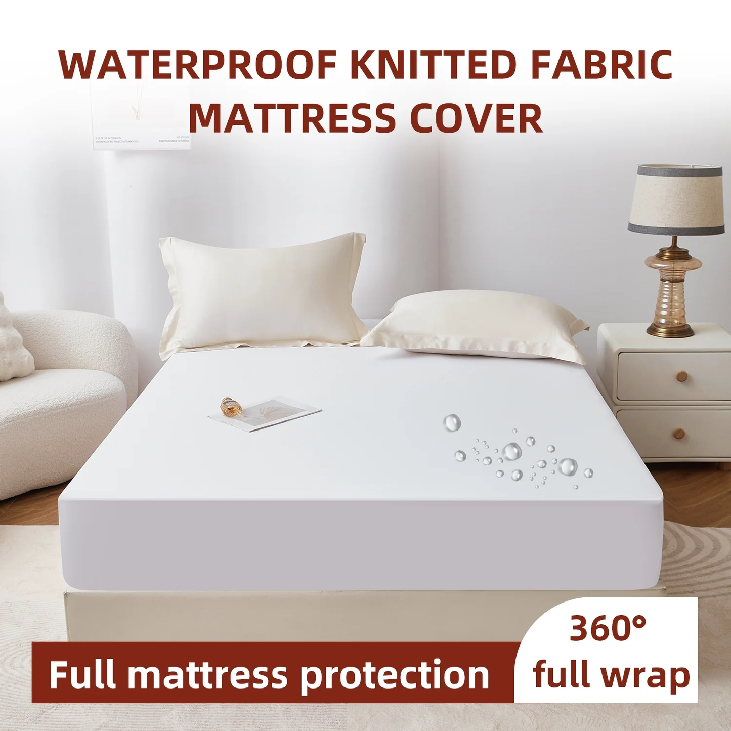 King Size Waterproof Mattress Protector, Air Fabric Mattress Pad with Deep Pocket 6"-18" Depth, Soft Noiseless Bed Mattress Cover Washable for Home, Bedroom, Hotel (White)