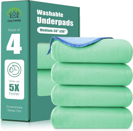 Waterproof Washable Underpads, 34" x 36" - Heavy Absorbency Reusable Bedwetting Incontinence Pads for Adults, Elderly and Pets - Protective Pad, Blue and Green, (Pack of 4)