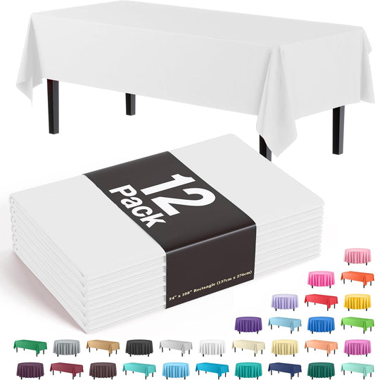 12-Pack Premium Plastic Tablecloth 54 Inch. x 108 Inch. Rectangle Table Cover-White