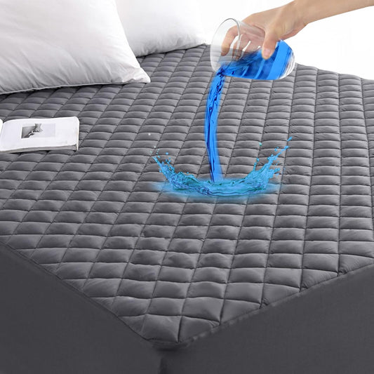 Twin XL Size Grey Quilted Fitted Mattress Pad, 100% Waterproof Breathable Mattress Protector, Noiseless Hollow Cotton Mattress Topper, Fitted 8"-19" Deep, Dust Proof