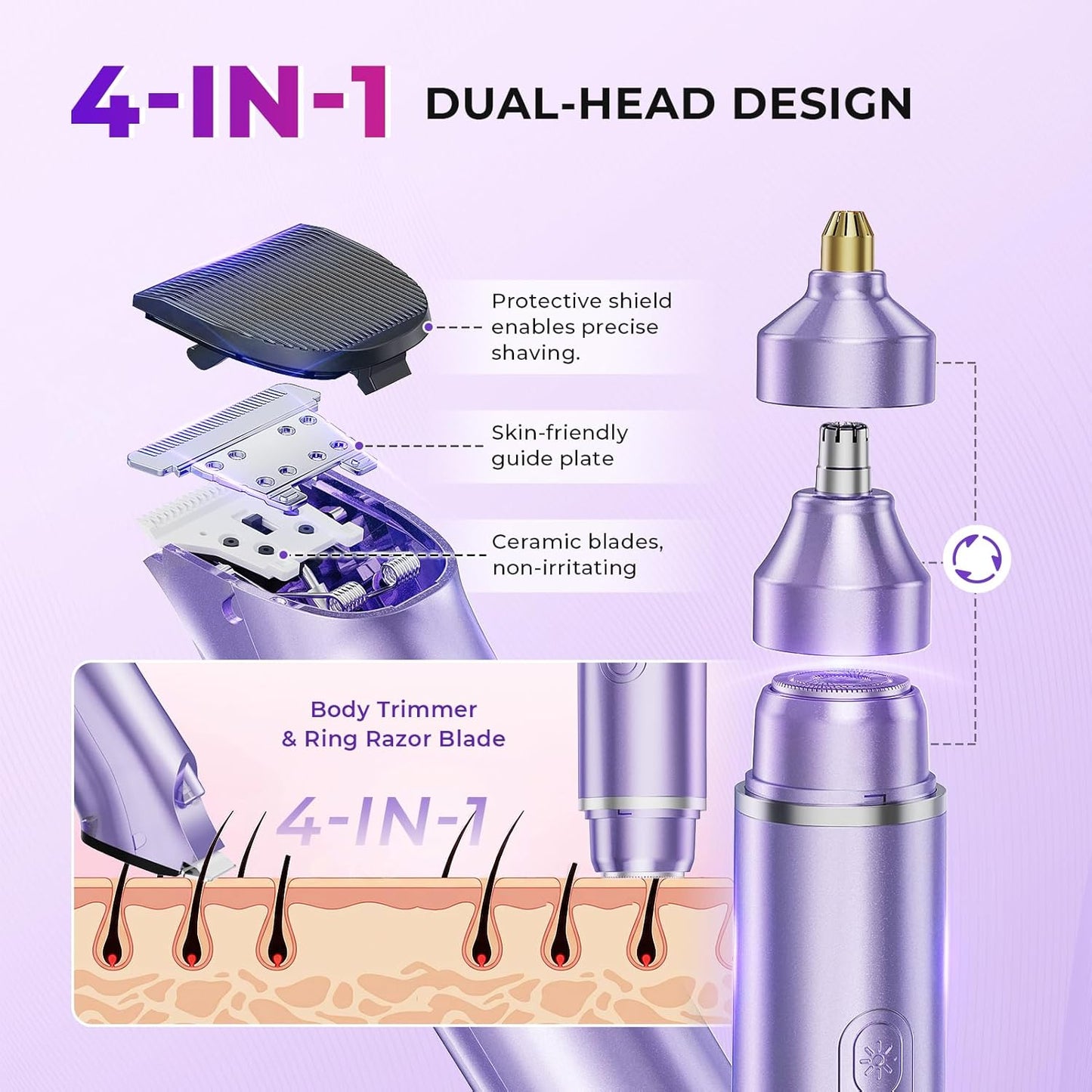 Obacre Electric Razors for Women, 3 in 1 Bikini Trimmer & Pubic Hair Shaver, Rechargeable Female Body Hair Trimmer with Stand, Wet & Dry Cordless Ladys Razor for Face, Legs, Armpits, Nose, Purple