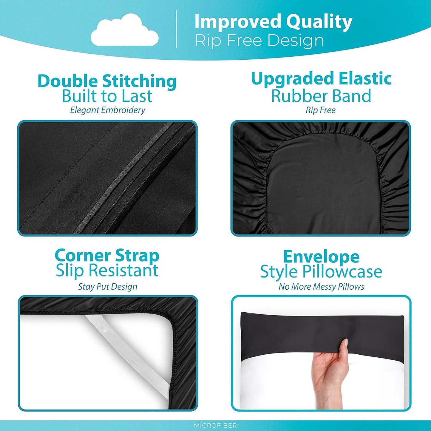 Naiade Full Size Sheet Set, Soft Microfiber 4 Piece Hotel Luxury Bed Sheets with Deep Pockets, Embroidered Pillow Case, Side Storage Pocket Fitted Sheet, Flat Sheet (Black)
