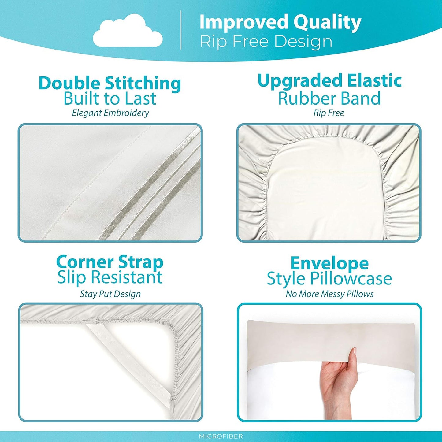 Naiade Full Size Sheet Set, Soft Microfiber 4 Piece Hotel Luxury Bed Sheets with Deep Pockets, Embroidered Pillow Case, Side Storage Pocket Fitted Sheet, Flat Sheet (Ivory)