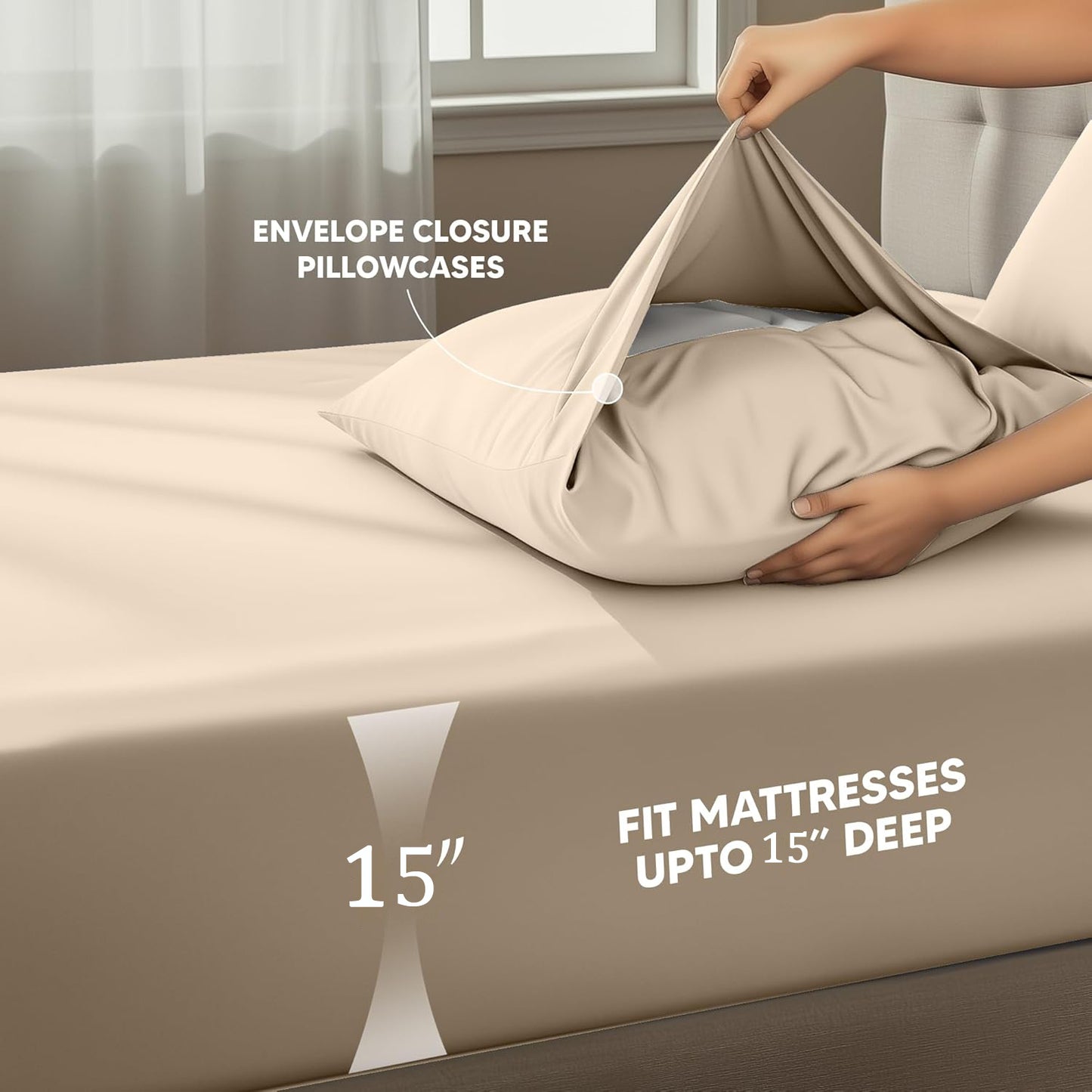 Naiade Full Size Sheet Set, Soft Microfiber 4 Piece Hotel Luxury Bed Sheets with Deep Pockets, Embroidered Pillow Case, Side Storage Pocket Fitted Sheet, Flat Sheet (Khaki)