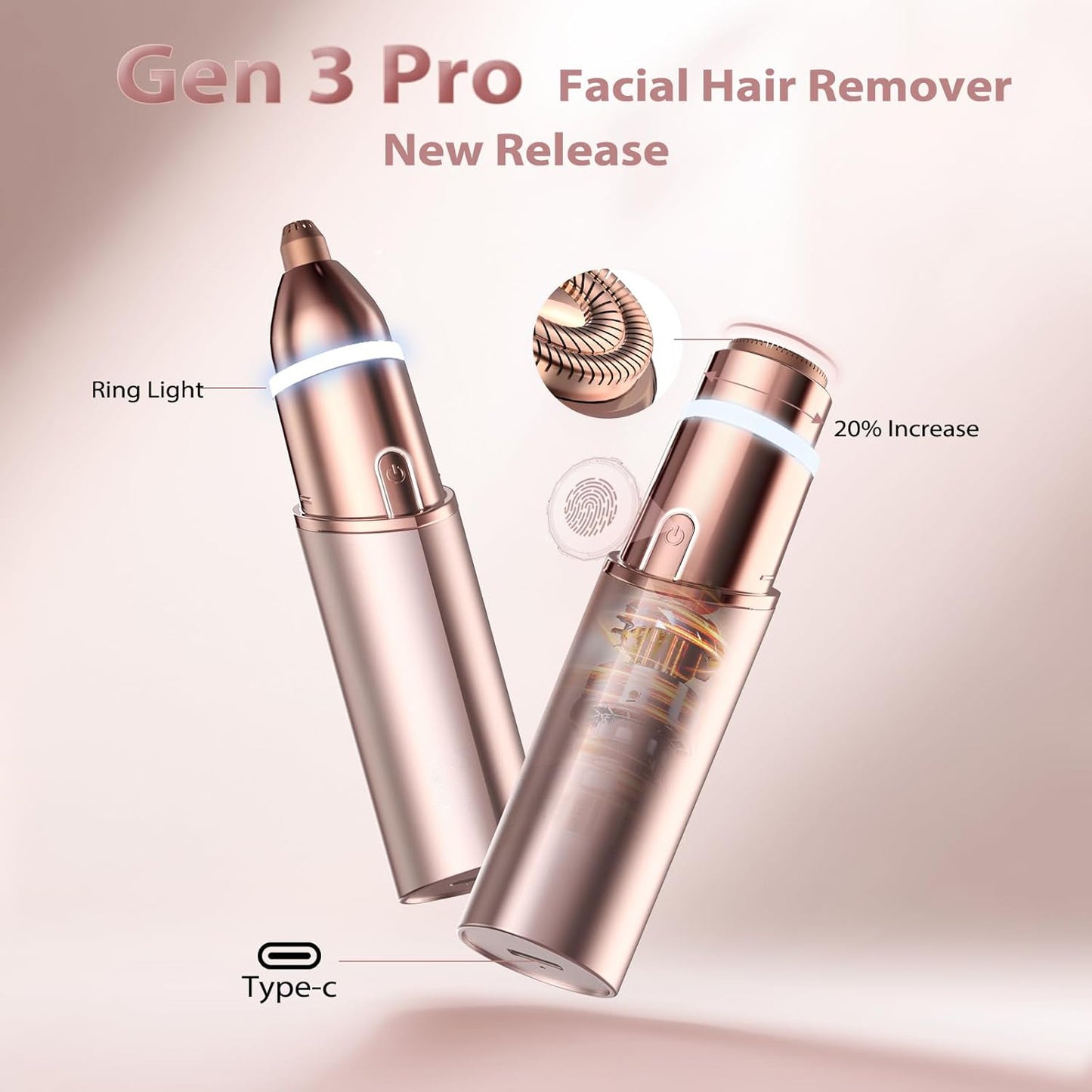 Hoeylife Facial Hair Remover for Women - 2 in 1 Electric Painless Hair Removal Device & Eyebrow Shaver - Painless Face Shaver with Built-in LED Light (Rose Gold)