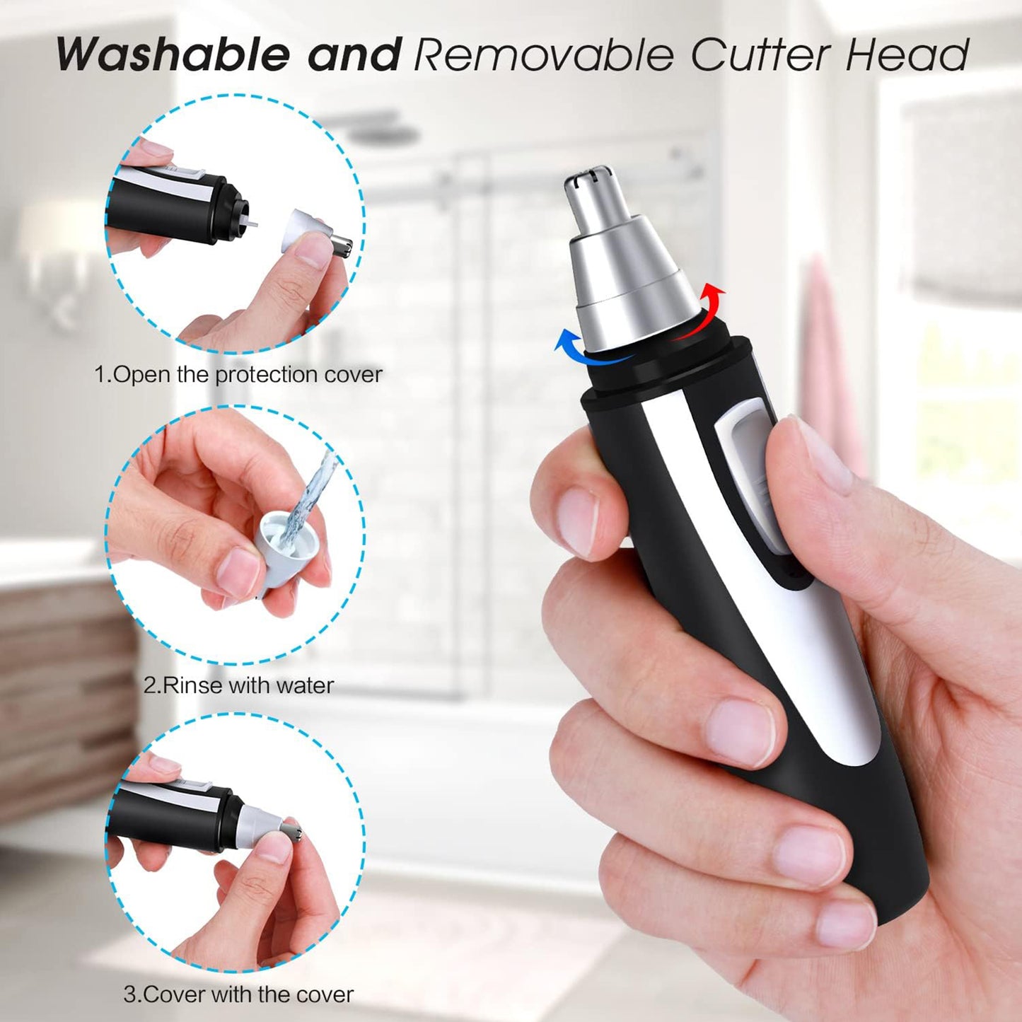 Ear and Nose Hair Trimmer Clipper - Professional Painless Eyebrow & Facial Hair Trimmer for Men Women, Battery-Operated Trimmer with IPX7 Waterproof, Dual Edge Blades for Easy Cleansing Black