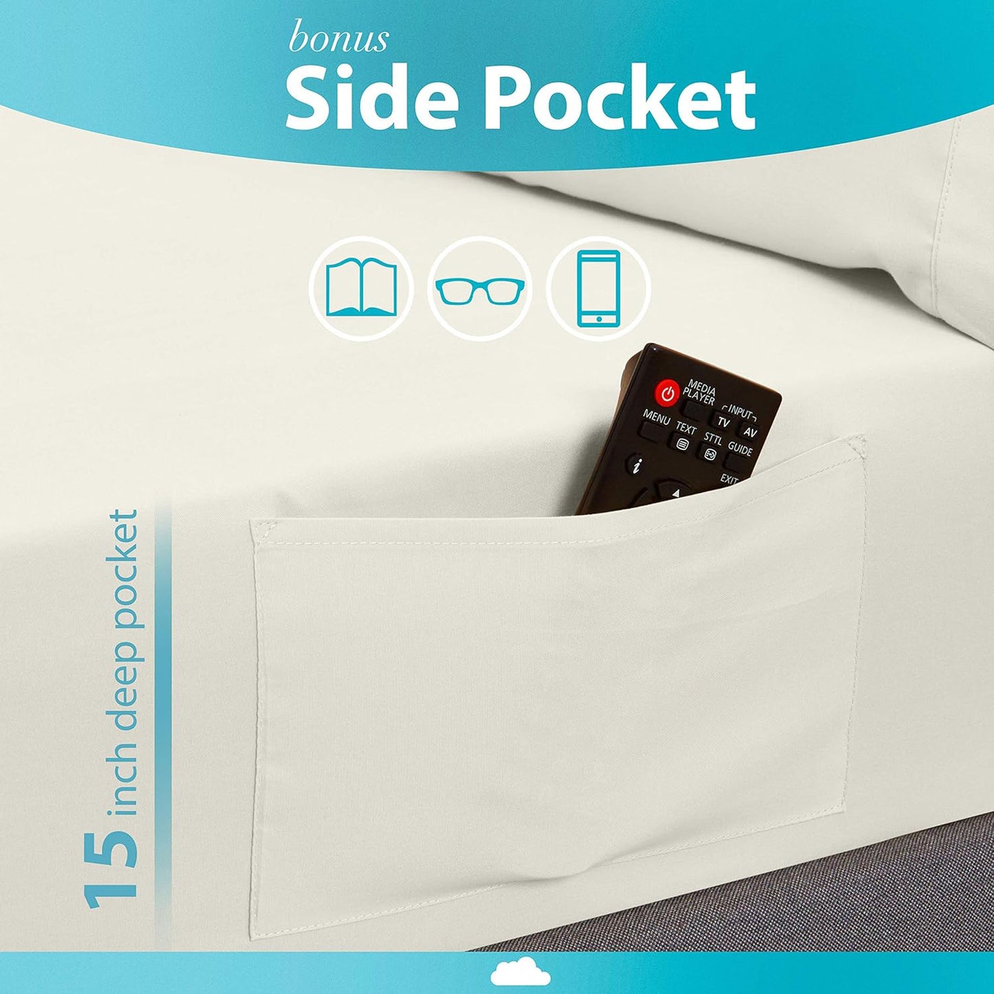 Naiade King Size Sheet Set,Soft Microfiber 4 Piece Hotel Luxury Bed Sheets with Deep Pockets, Embroidered Pillow Case,Side Storage Pocket Fitted Sheet, Flat Sheet (Ivory)